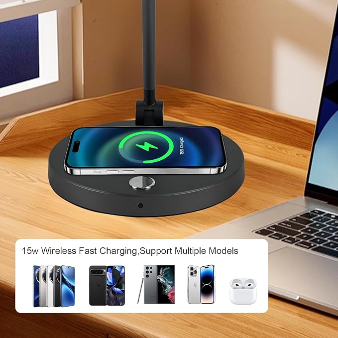 Modern Design Atmosphere Desk Lamp with 15W Wireless Charger,Dimmable Desk Light Eye Caring for Home Office, 3 Color Temperature Touch Control for Study, Reading