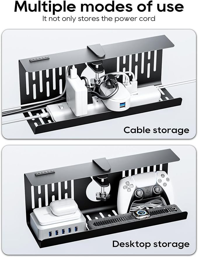 NODOCA No Drill Under Desk Cable Management Tray, 14'' Wire Management, Punch-Free Clamp on, Metal Cable Tray, Wire Organizer Under Desk, Under Desk Basket for Office and Home, Black