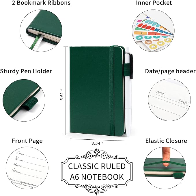 feela 6 Pack Pocket Mini Notebooks Bulk, Small Cute Memo Notepads Hardcover College Ruled Lined Journals with Pen Holder for School Business Work, with 6 Black Pens, 3.5”x 5.5”, A6, Dark Green