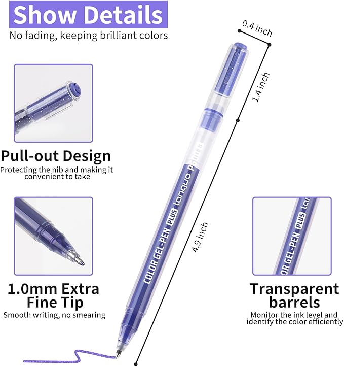 Glitter Gel Pens, 24 Pack Colored Pens for Black Paper & White Paper, 1.0mm Point Pens, Large Capacity Ink Pens for Coloring, Writing, Drawing, Journaling, Note Taking, School, Office, Home