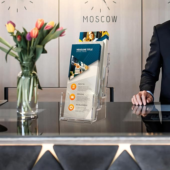 MaxGear Acrylic Brochure Holder, 4-Inch Wide 3 Tier Brochure Display Stand Clear Literature Holder Premium Acrylic Pamphlet Holder Multi Pocket, Wall Mount or Counter Top Use(6 Pack)