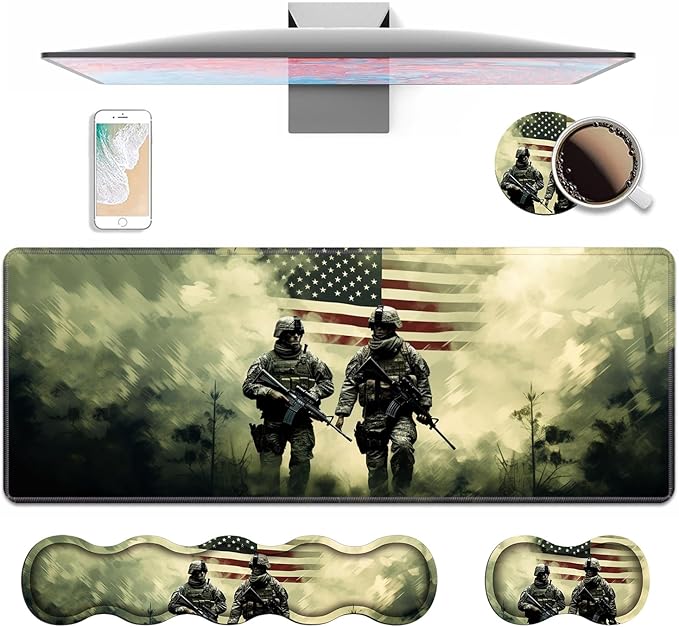 4 in 1 Ergonomic Keyboard Wrist Rest & Mouse Pad Wrist Rest Set, Large Gaming Desk Mat 31.5"x 11.8" with Non-Slip Base, Memory Foam for Home Office Study Gaming, American Military Army Troops Soldiers