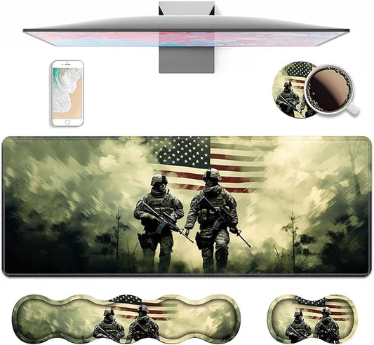 4 in 1 Ergonomic Keyboard Wrist Rest & Mouse Pad Wrist Rest Set, Large Gaming Desk Mat 31.5"x 11.8" with Non-Slip Base, Memory Foam for Home Office Study Gaming, American Military Army Troops Soldiers