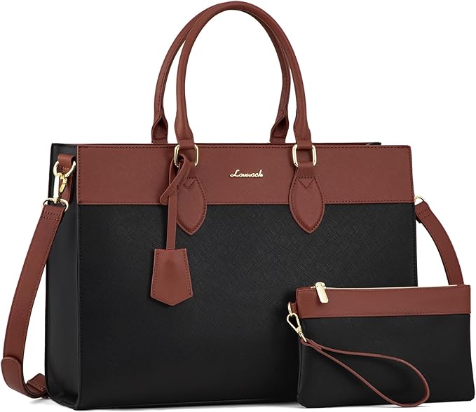 LOVEVOOK Laptop Bag for Women, 15.6 inch Leather Tote Bag Work Business Office Bag Waterproof Briefcase Computer Handbag Shoulder, Black-Brown