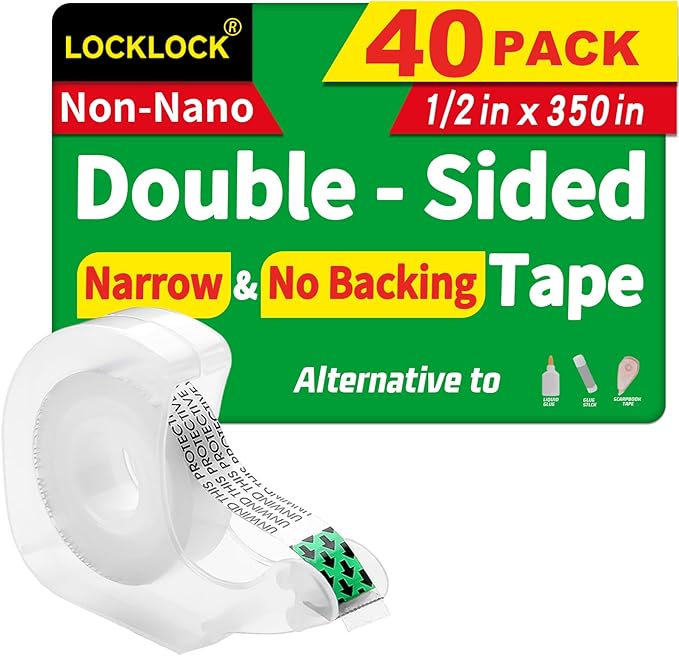 LOCKLOCK Double Sided Tape Light Duty, 40 Pack, 1/2 x 350 inches, Narrow Double StickTape with Dispenser for Crafts, Gift Wrapping, Clear Tape Double Sided for Office School Supplies.