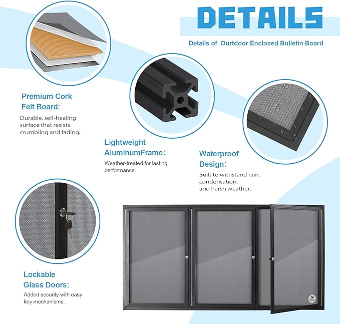 Lockable Outdoor Enclosed Bulletin Board, Weatherproof Cork Noticeboard with Locking Door, Wall-Mounted Aluminum Framed Display Case for Messages,70x36 in