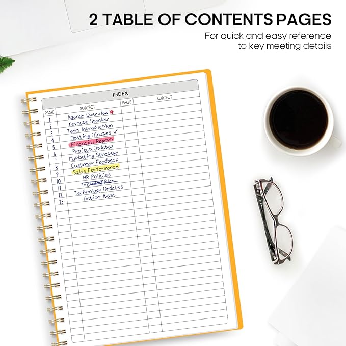 Meeting Notebook for Work Organization - Work Planner Notebook with Action Items, Agenda Planner for Note Taking, 160 Pages (6.9" X 9.9") Project Organizer for Men & Women - Yellow