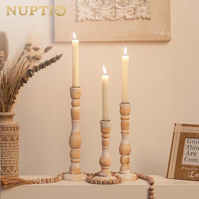 NUPTIO Taper Candle Holders Boho: Set of 6 Tall Wooden Candlestick Holder for Thanksgiving Table Centerpieces Decoration