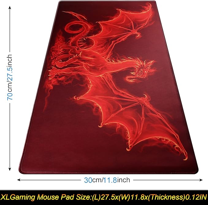 Large Gaming Mouse Pad with Stitched Edges,[27.5x11.8In] Extended Mouse Pad with Non-Slip Natural Rubber Base for Gamer/Desktop/Office/Home (70x30 Red dragonus)