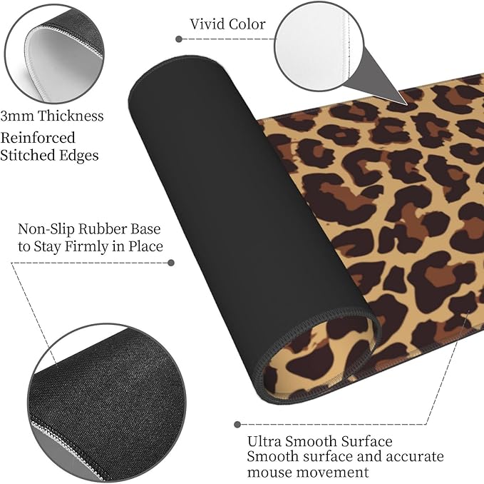 Leopard Print Gaming Mouse Pad Non Slip XL Large Mousepad Stitched Edge Rubber Base Desk Mat for Laptop PC Computer