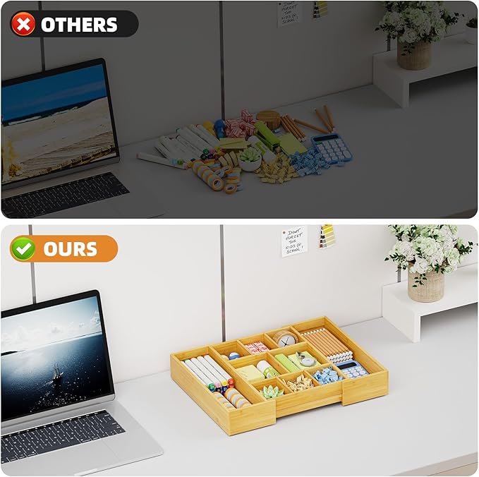Marbrasse Bamboo Expandable Drawer Organizer, Desk Drawer Organizer Tray with 5 Dividers, Desk Organizers and Accessories, 10 Adjustable Compartments for Office Supplies, Junk, Makeup & Vanity