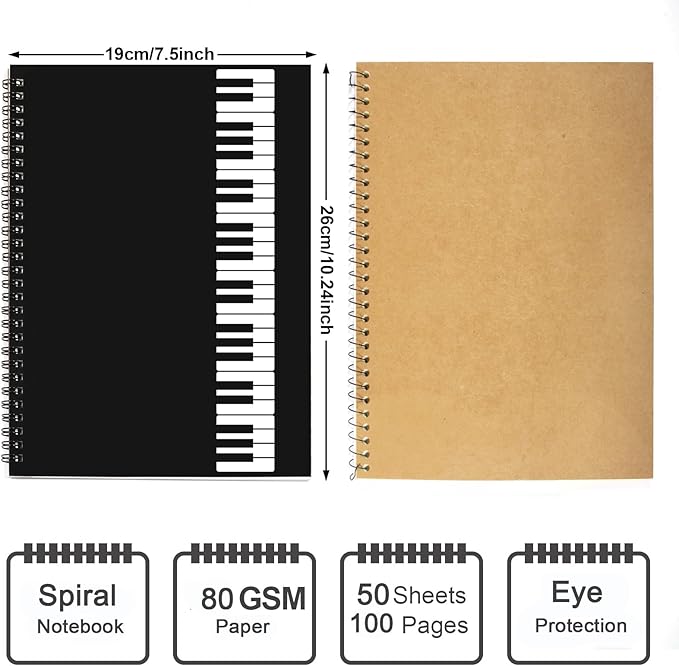 MAXCURY Music Notebook, Blank Sheet Music Notebook, Cardboark Spiral Notebook Manuscript Paper, Composition Staff Paper for Kids, Musician, Students, Piano-Keyboard-Music-Notebook 100 Pages 26x19cm