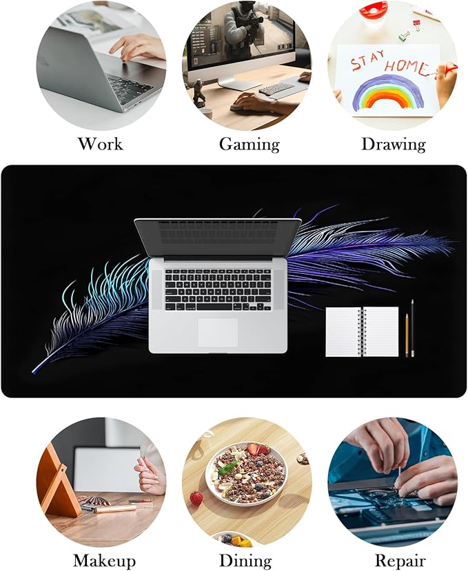 Mrcrypos Large Mouse Pad Blue Feather Desk Mat for Desktop, Waterproof Desk Pad with Stitched Edges, Computer Keyboard Gaming Mouse Pads for Women Office Home 31.5" x 15.7"