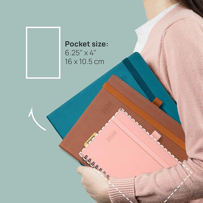 POPRUN Monthly Planner 2025-2026 Pocket Size (4" x 6.25") 18 Months Calendar (Jul 2025 - Dec 2026) - 4 Pages per Month with Monthly Expense & Notes, Sunday Start, Leather Cover - Green