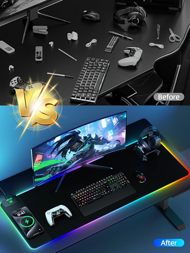 Magnetic Charging Mouse Pad, 31.5x11.81 Inch XL Gaming Mousepad, 11+5 RGB Lighting Modes, Home Office Large Desk Pad with Ultra-Smooth Surface, Non-Slip, Waterproof Keyboard Pad Classic Black Desk Mat
