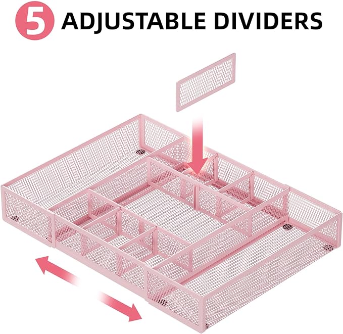 Marbrasse Expandable Desk Drawer Organizer, Mesh Tray with 10 Adjustable Compartments, Desk Organizers for Office Supplies, Makeup & Vanity (Expandable-Pink)
