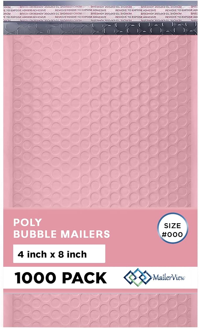 Light Pink Small Bubble Mailers 4x8 Inch #000 | Thick Padded Poly Bubble Mailer Envelopes | 1000 Pack Bulk | Trading Card Sports Card Shipping