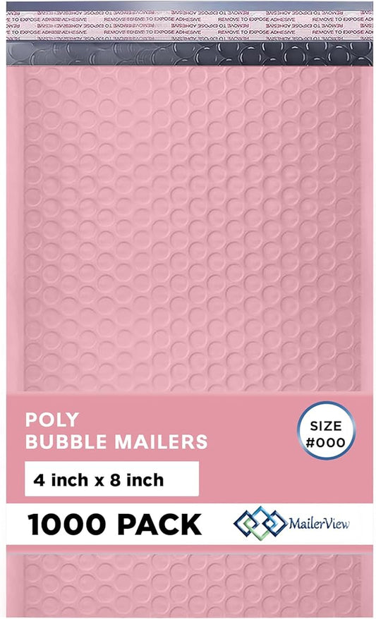 Light Pink Small Bubble Mailers 4x8 Inch #000 | Thick Padded Poly Bubble Mailer Envelopes | 1000 Pack Bulk | Trading Card Sports Card Shipping