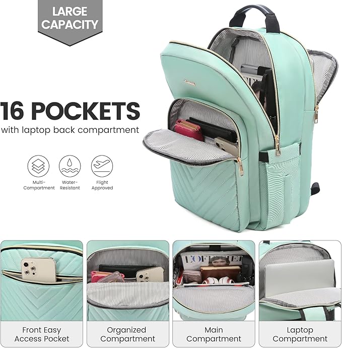 LOVEVOOK Laptop Backpack for Women 15.6 inch,Cute Womens Travel Backpack Purse,Professional Laptop Computer Bag,Waterproof Work Business College Teacher Bags Carry on Backpack with USB Port,Mint Green