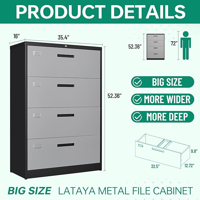 Letaya 4 Drawer Lateral Metal Filing Cabinet with Lock-File Cabines-Organization Storage Cabinets for Home Office-Hanging Letter/Legal/F4/A4 Size (4 Drawer-Grey Black)