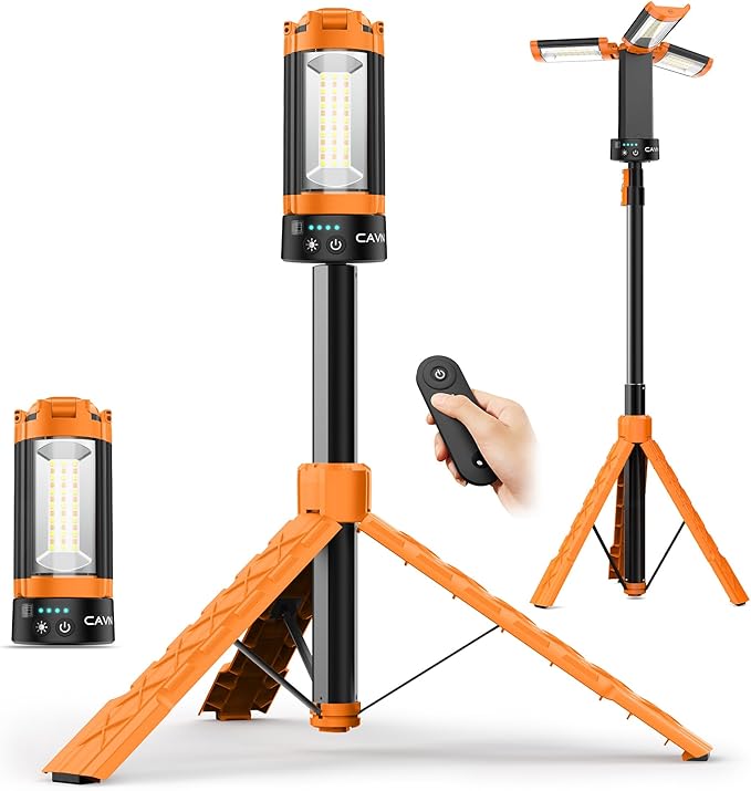 CAVN Rechargeable Camping Lights with Remote & Detachable Tripod Max Height 6.7 ft, Portable Work Light with 3 LED Lamp Heads, Camping Essentials Gear Emergency Flashlight with Hook, Orange