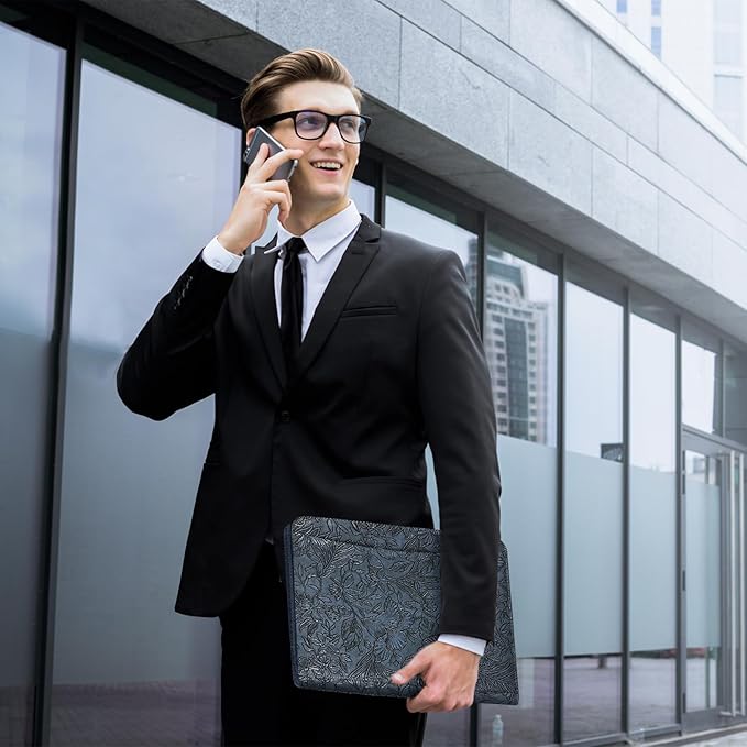 Leathario Portfolio Binder, Includes 5 Folder Index Dividers and 3 Notepads, 3-Ring Folder Organizer, Padfolio with Zipper, Vegan Leather Tablet Sleeve, Business Office Conference Clipboards