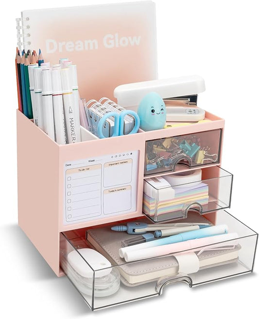 Multi-Functional Desk Organizer with 3 Drawer and 8 Compartments, Pink