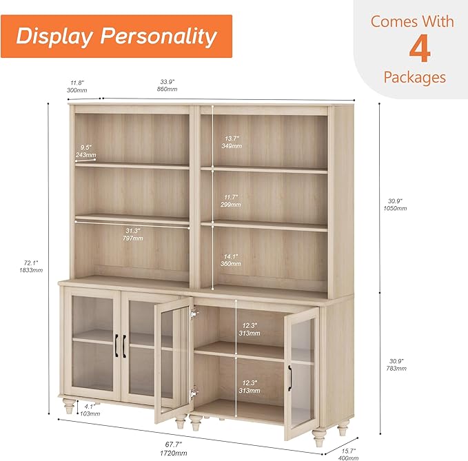 WAMPAT 5 Tier Bookshelf 72" Tall Bookcase with Glass Doors,Large Farmhouse Display Book Shelf with Adjustable Shelves and Storage Cabinet，Library Wood Bookshelves for Living Room,Kitchen, Light Oak