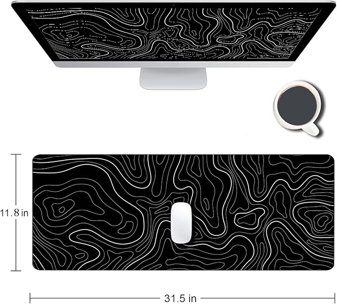 Large Mouse Pad, Extended XL Gaming Mousepad, Non-Slip Rubber Base Keyboard Mouse Mat Desk Pad for Work, Game, Office, Home, 31.5 x 11.8 in, Black Minimalist Topographic Map PL230707021