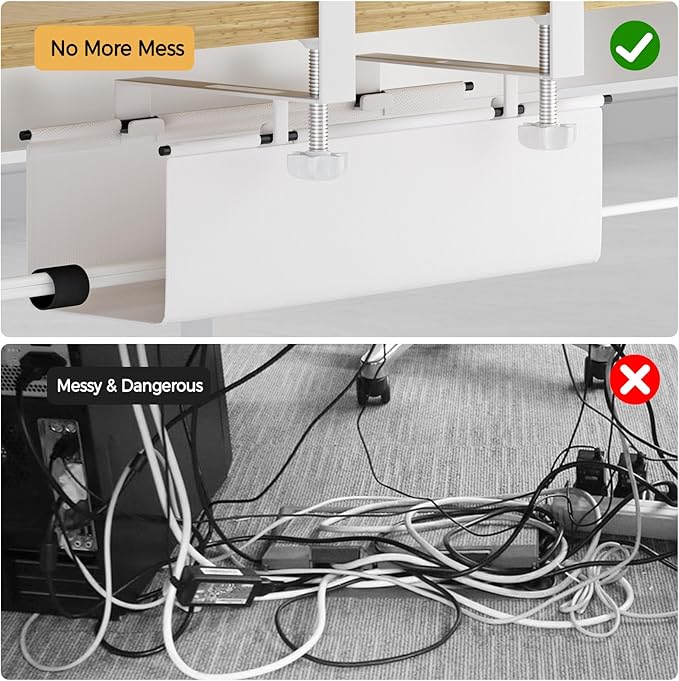 Under Desk Cable Management Tray 15.7" - No Drill Computer Wire Organizer Cable Tray, Cord Hider Clamp Mount with 16X Cable Ties PC Cables Management Cord Holder for Office/Home (Upgrade Fabric,White)