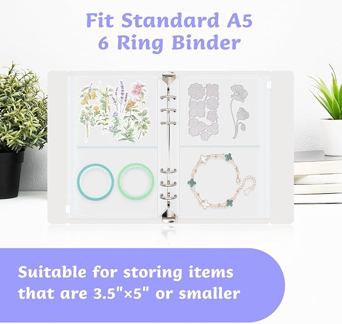 10 Pack Zippered Binder Pocket Sleeves for 6 Ring A5 Binder - Frosted Divided Pouch Photo Card Jewelry Storage Binder Insert Refills 2 Pocket Cash Saving Sheets Protector Loose Leaf Bags