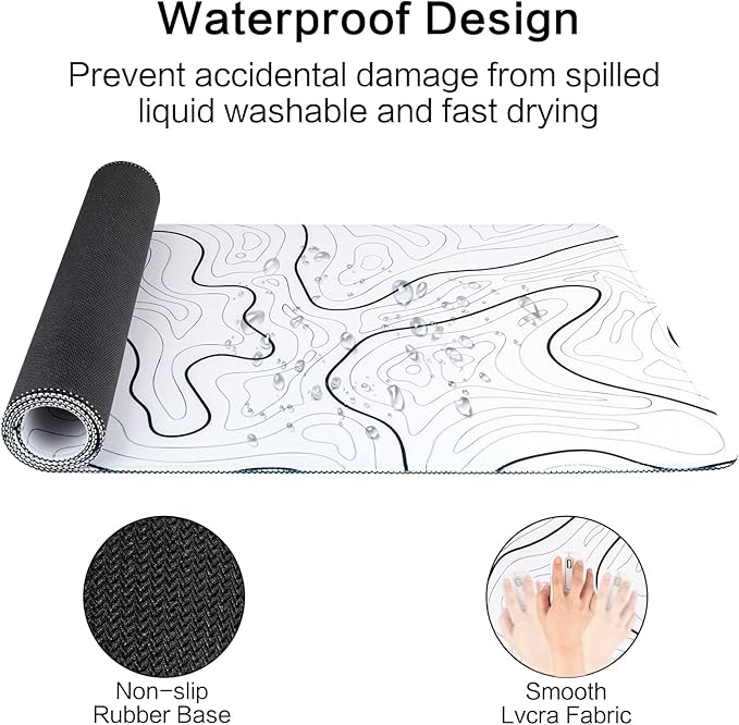 Large Gaming Mouse Pad for Desk, White Topographic Mouse Pad Desk Mat for Gaming Office, Long XL Mouse Pads Keyboard Pad Desk Pad for Computer Laptop 31.5''x11.8''