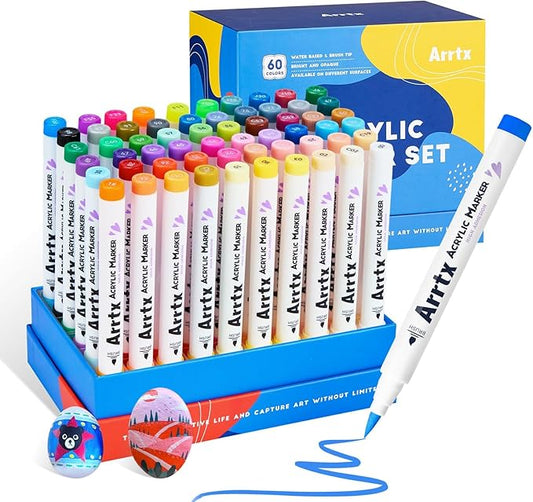 Arrtx Markers Paint Pens 60 Colors, Acrylic Paint Pens Brush Tip for Wood, Canvas, Stone, Rock Painting, Ceramic Surfaces, DIY Crafts Making Art Supplies-with Neon & Metallic & Regular Color