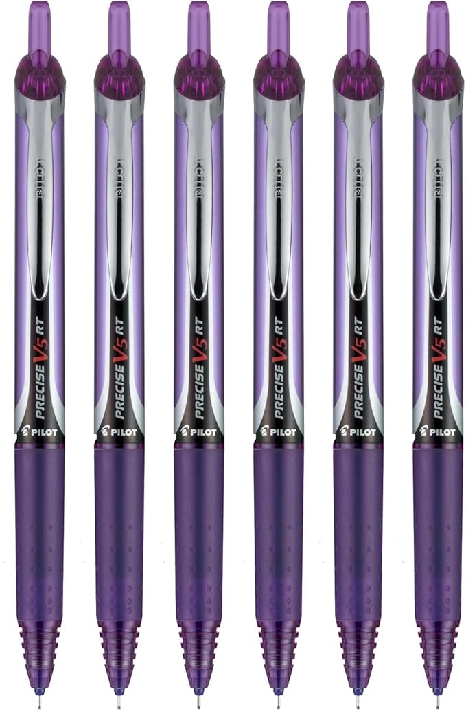 Precise V5 RT Retractable Rolling Ball Pens, Extra Fine Point (.5mm), Purple Ink, 6-pk; Premium Comfort Grip, Bundle with Plastic Reusable Pouch