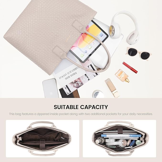 LOVEVOOK Laptop Purses and Handbags for Women, 15.6 Inch Computer Bag Work Tote Briefcase Satchel Handbags for Women with Small Clutch, Beige