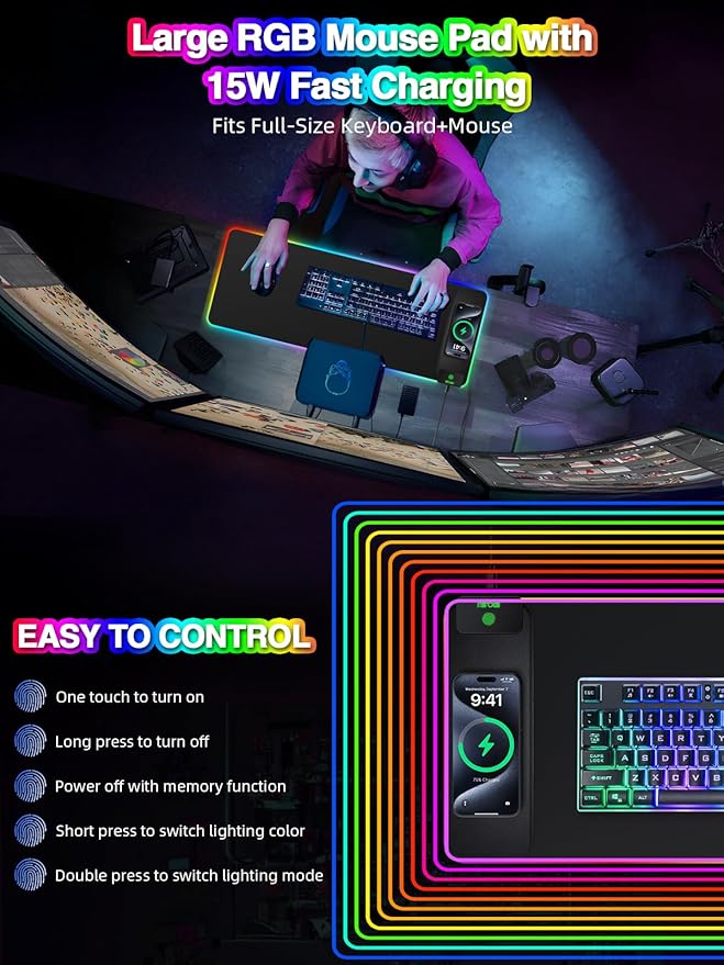 Magnetic Charging Mouse Pad, 31.5x11.81 Inch XL Gaming Mousepad, 11+5 RGB Lighting Modes, Home Office Large Desk Pad with Ultra-Smooth Surface, Non-Slip, Waterproof Keyboard Pad Classic Black Desk Mat