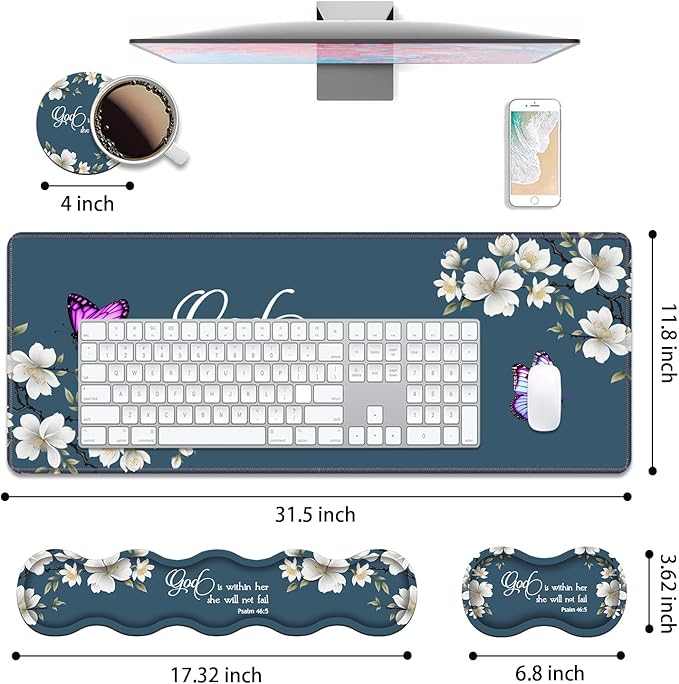 4 in 1 Ergonomic Keyboard Wrist Rest & Mouse Pad Wrist Rest Set,Large XXL Gaming Desk Mat 31.5"x 11.8" with Non-Slip Base,Memory Foam for Home Office Study Gaming,Floral Quote Bible Verse Psalm 46:5