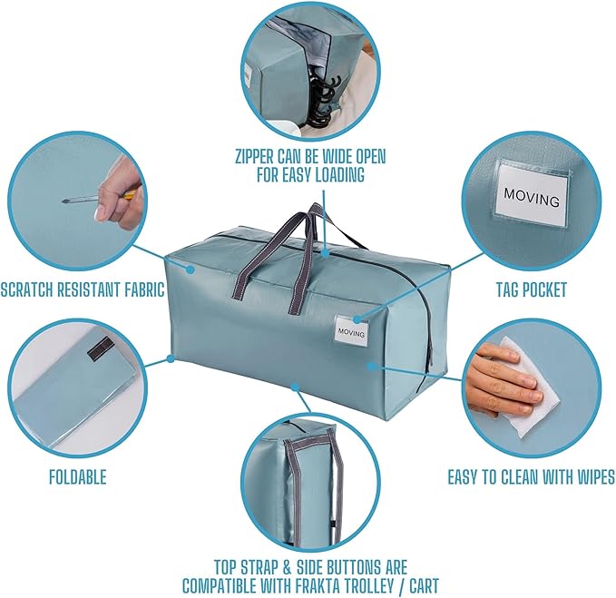 VENO 8 Pack Moving Bags w/Backpack Straps, Heavy Duty, Moving Boxes Alternative, Packing Supplies, Large Storage Totes for Dorm Room Essentials with Zipper for Clothes (Shiny Light Blue, 8 Pack)