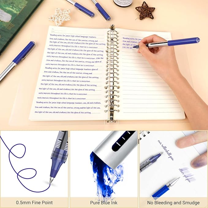 16 Pack Fine Point Smooth Writing Pens, Rollerball Pens 0.5mm Blue Liquid Gel Ink Pens Set for Writing, Taking Notes, Office, Journaling, School Supplies