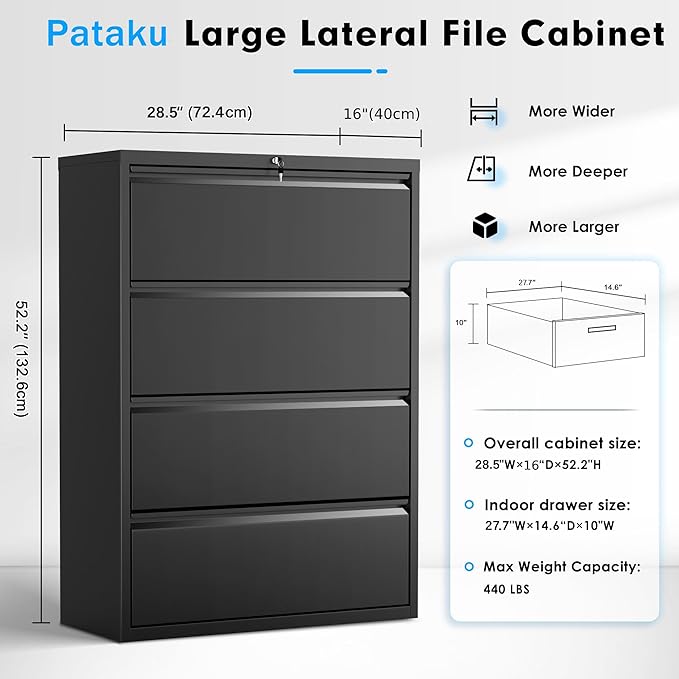 Pataku 4 Drawer File Cabinet with Lock, Metal Lateral File Cabinets for Home Office 4 Drawer, Locking Filling Cabinets for Hanging Files Letter/Legal/F4/A4 Size (Blcak)