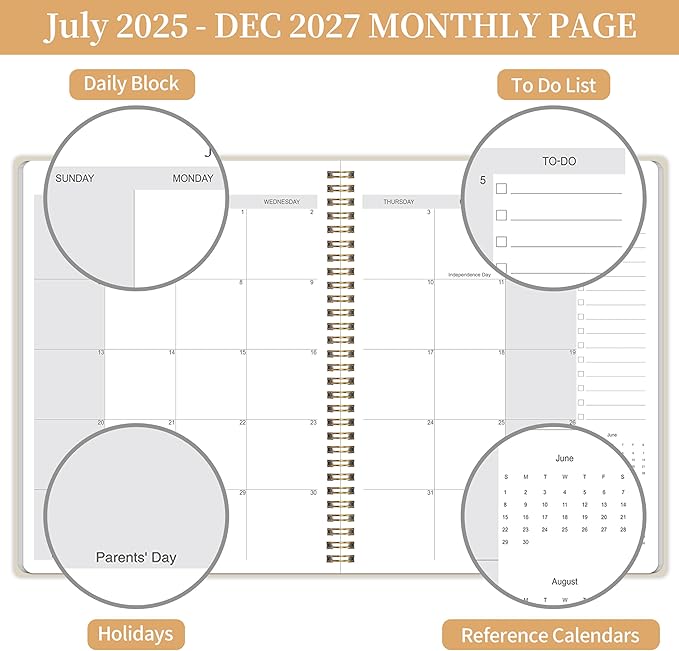 Monthly Planner 2025-2027 - 2 Year Monthly Planner Calendar 2025-2027, July 2025 - June 2027, 7.3" * 9.5", 24 Months Calendar Planner with Waterproof Cover＆Spiral Bound, for Office, School Home Planning - White