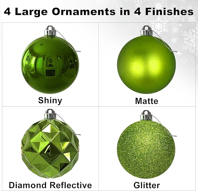 Lime Green 4.0" Large Christmas Balls - Christmas Tree Decoration Ornaments Shatterproof Hanging Balls for Birthday Halloween Holiday Wedding Decorations Set of 4pcs