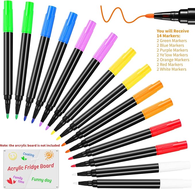 Liquid Chalk Markers for Acrylic Fridge Calendar Planning Board Clear Glass Dry Erase Board Refrigerator Whiteboard for Window/Mirror, 14 Pack, 7 Vibrant Colors, 1mm Fine Points, Easy Wet Erase