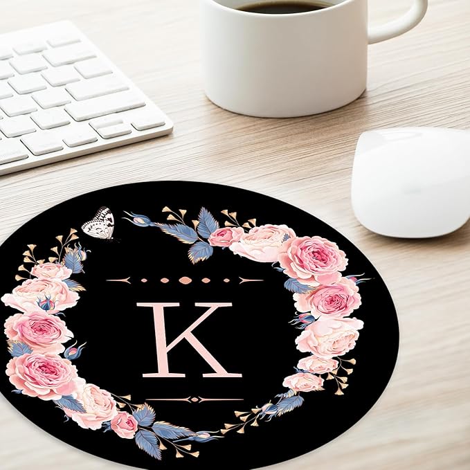 Letter K Black and Pink Flowers Round Mouse Pad - Funny Small Non-Slip Rubber Base Mat for Home Office Decor, Desk Accessories, 8.7 Inch