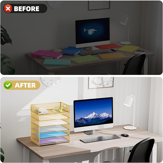 Marbrasse Paper Letter Tray Organizer - 6 Tier Mesh File Organizer with Handle, Paper Sorter Organizer for Letter/A4 Office File Folder Holder - Gold