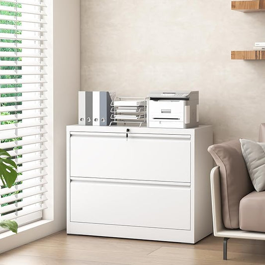 Lateral File Cabinet with Lock, Metal File Cabinets for Home Office Legal/Letter A4 Size, File Cabinet with 2 Drawer Storage Cabinet, Require Assembly, White