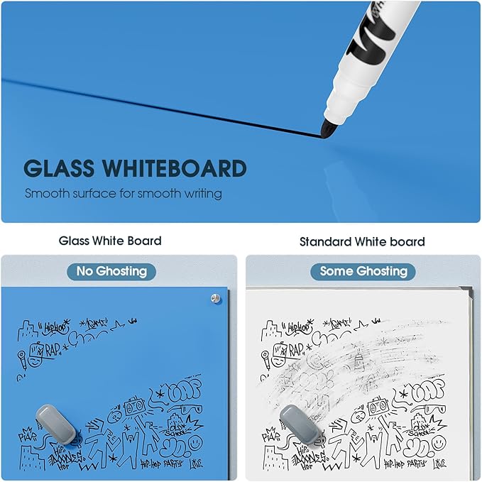 MaxGear Glass White Board 36x24, Bule Wall Mounted Magnetic Glass Dry Erase Board, Large Frameless Whiteboard with 1 Eraser,3 Markers and 6 Magnets for Office, School, Home