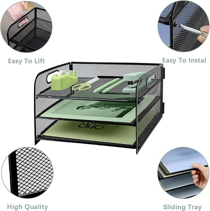 Paper Letter Tray with Handle, 3 Tier Metal Mesh Desk File Organizer, A4 Paper Desktop Filing Trays, Desk Tidy Magazine Document Holder for Home Office, Black