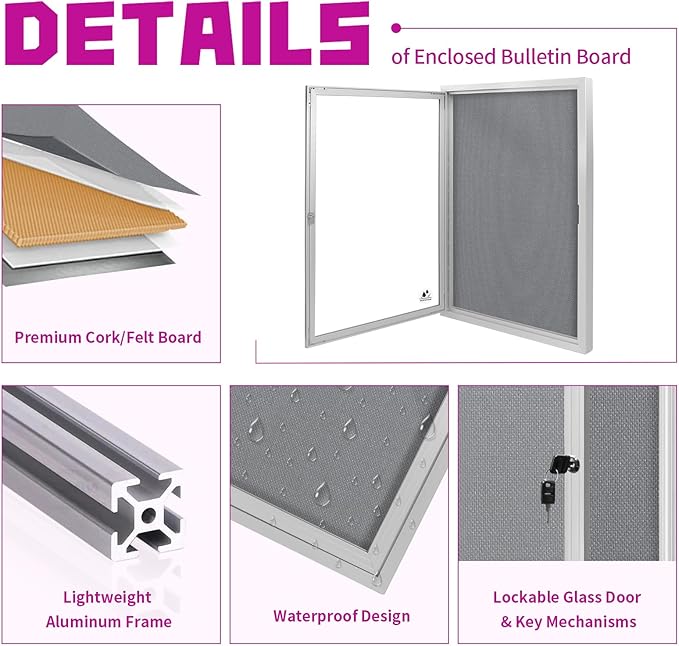 Outdoor Weatherproof Enclosed Fabric Bulletin Board,Noticeboard Case with Lockable Glass Door,Silver Aluminum Frame, 36x24 Inch (5xA4)