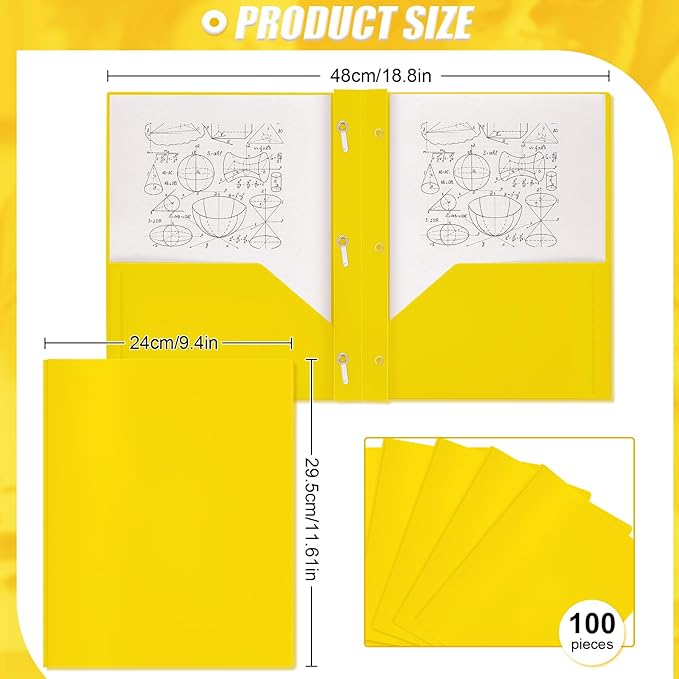 Lincia 100 Pcs Plastic Folders with Pockets and Prong Folders with Prongs Plastic Folders with 2 Pockets Pocket Folders for Office, School for Students, Teachers, Office Workers (Yellow)